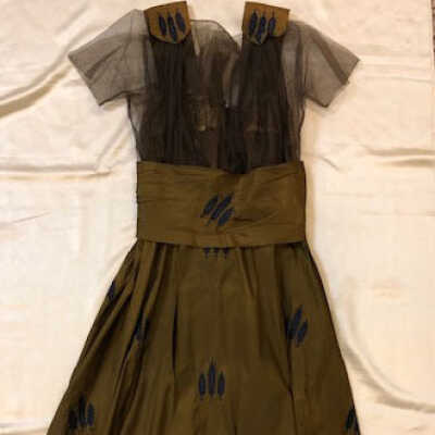 Bronze taffeta dress with blue silk leaf embroidery, c. 1915-1920