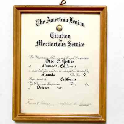 American Legion Citation of service presented to Otto Rittler, 1963