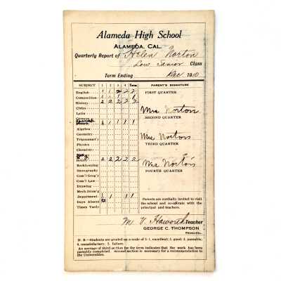 Alameda High School Report Card of Helen Norton, December 1910