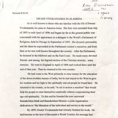 Research paper about 1900 visit of Swami Vivekananda, 1999