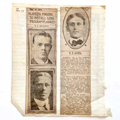 Journal + Newspaper Clippings re Alameda Masons Chapter No. 70 Installation, 1913