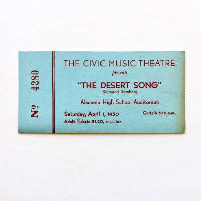 Ticket to musical 'The Desert Song', at the AHS auditorium, 1950