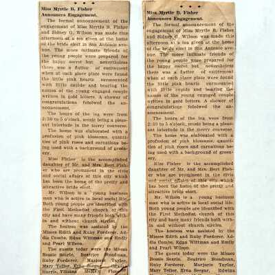 Clippings 'Miss Myrtle B. Fisher Announces Engagement', c. 1915