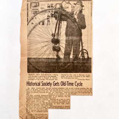 Clipping about donation of a high-wheel bicycle to the Museum, c. 1950s
