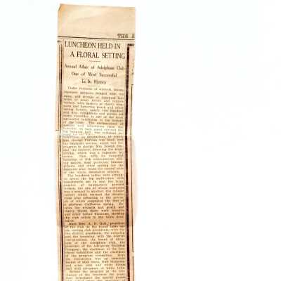 Clipping about an Adelphian Club luncheon with Japanese floral theme, c. 1920s