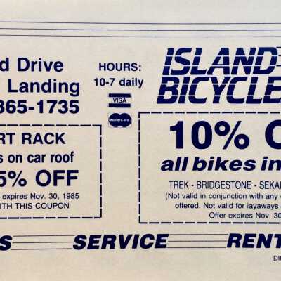 Island Bicycles,: Harbor Bay Landing C. 
Closed in the last 30 years; after, it was a gift store for a number of years, empty for some time, and more recently few years, it was a nail parlor. Now marked permanently closed, possibly as s result of pandemic-related forced closures.