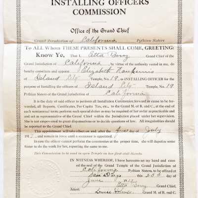 Alameda Pythian Lodge installing officer appointment, 1917