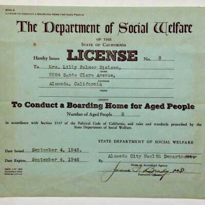 License awarded to Lilly Palmer Nielsen, from Department of Social Welfare, 1945
