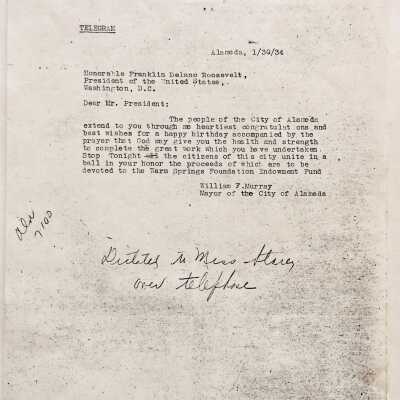 Telegram sent by Mayor Murray to Franklin D. Roosevelt, 1934