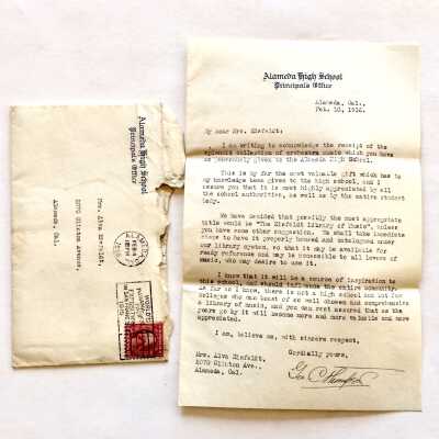Letter and envelope thanking for donation music collection to Alameda High, 1916