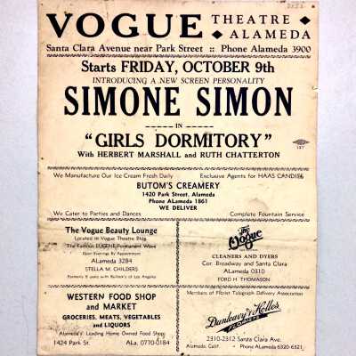 Advertising flyer for Vogue Theatre, 1930s