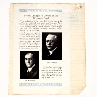 Fireman’s fund flyer pasted on reverse.