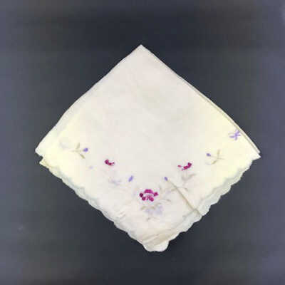 Japanese white raw silk handkerchief with colored flowers, 1900-1920s