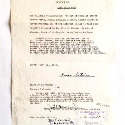 Quit claim deed for property on St Charles Street, 1949