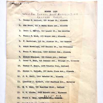 Carbon copy of West End School alumni roster, 1950