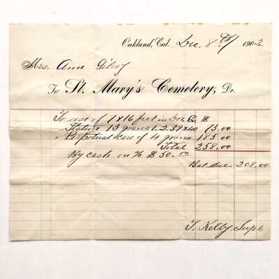 Receipt St. Mary's Ceremony to Ann Gilroy, 1902