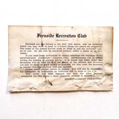 Invitation to dance hosted by the Fernside Recreation Club, c. 1920s