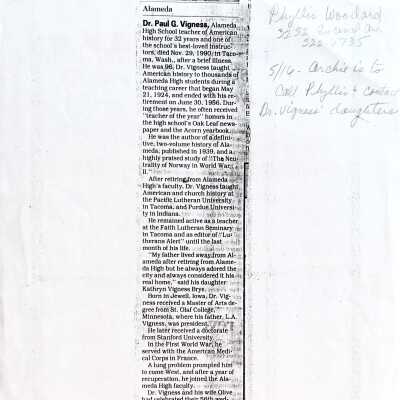 Clipping of obituary for Dr. Paul Vigness, history teacher, 1990
