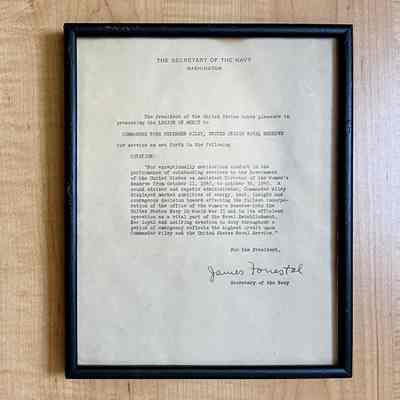 Framed letter of Commendation to CDR. Tova P. Wiley, 1943-1945