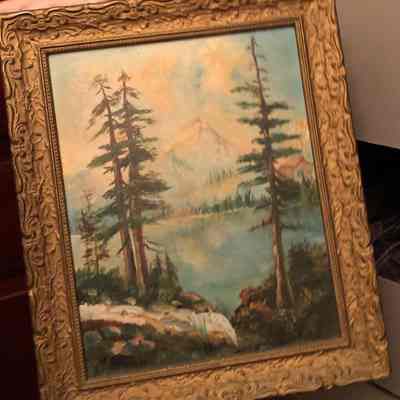 Oil Painting of a Pine Tree, Lake, and Mountain by Rose L. Krueger, prior 2004