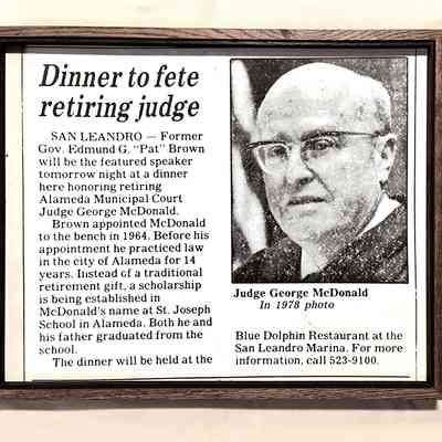 Framed clipping 'dinner to fete retiring judge', c. 1978