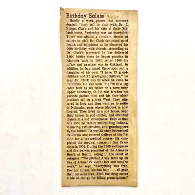 Clipping 'Birthday Salute' about Dr. J. Emmet Clark, 1960
