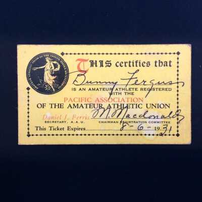 Pacific Association of the Amateur Athletic Union Membership card of Bunny Fergus , 1931