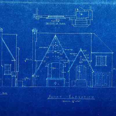 Blueprint of front and chimney elevation of a house with steep pitched roof, 1920s-1930s
