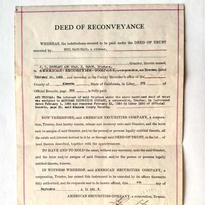 Deed of Reconveyance for 2066 San Jose Ave, to Neil Macdonald, 1926