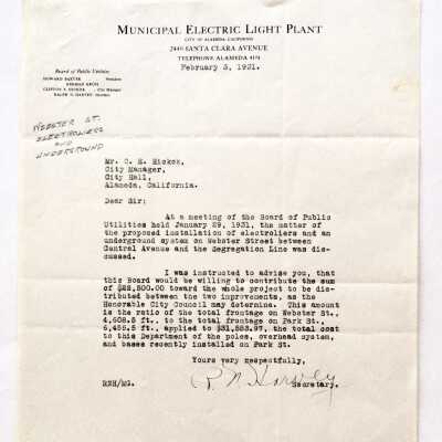 Letter regarding installation of Electric Electroliers underground system, 1931