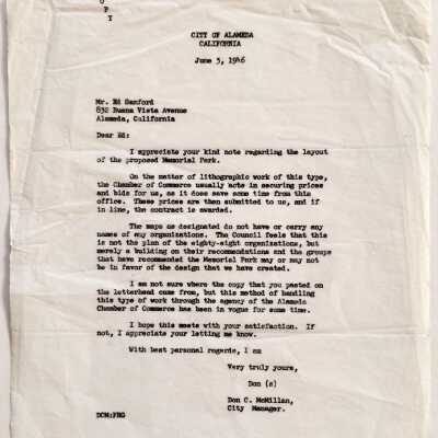 Letter from Don C McMillan, City Manager, 1946