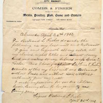 Will of Bertrand L. Fisher of Combs & Fisher City Market, 1902