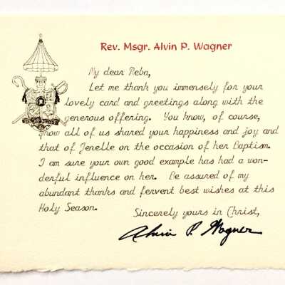 Note to Reba Stenson from Reverend Monsignor Wagner