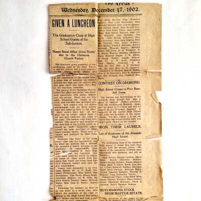 Clipping about a lunch for the Alameda High School class of 1902