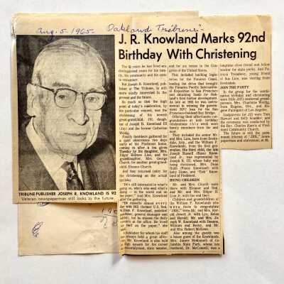 Clipping 'J. R. Knowland Marks 92nd Birthday', 1965