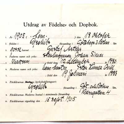 Proof of the birth of Gustaf Ekberg for WW-II security clearance, 1942