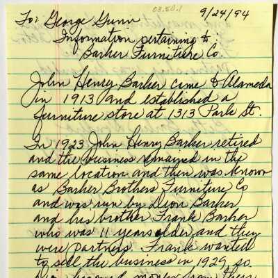 Historical notes about John Henry Barker, furniture store operator, 1994