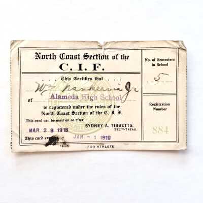 C.I.F. Membership Card William Nankervis, Alameda High, 1918