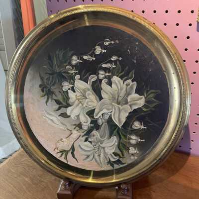 Hanging brass plaque with handpainted orchids, c. 1890