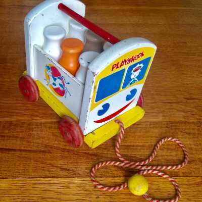 Playskool milk delivery van / carrier pull toy, c. 1950s