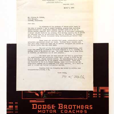 Letter and booklet about Dodge Brothers Motor Coaches, 1930
