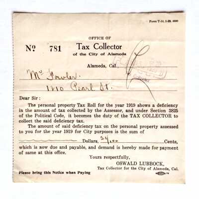 Tax Collector stub for City Taxes for personal property of Edward Fowler, 1920