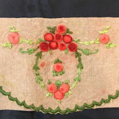 Unbleached linen envelope with silk embroidered flowers and leaves, c. 1920s