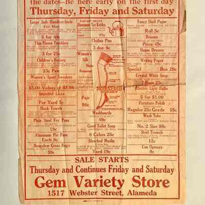 Advertisement for sale of Gem, a store at 1517 Webster, 1920s-1930s