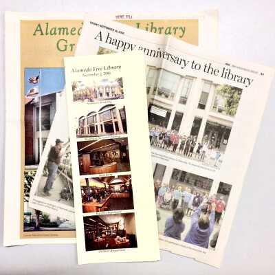 Newspaper clippings and flyer about Main Library, Oak Street, 2006, 2016