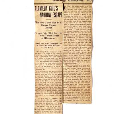 Clipping about Irma Taylor of 925 Chestnut Street escaping a fire, 1903