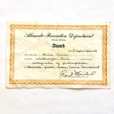 Award for participation in a Tennis tournament of Anne Fenn, 1964