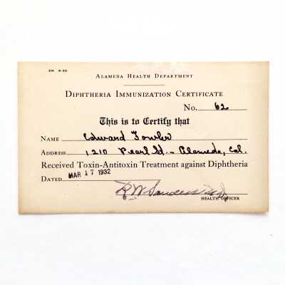 Diphteria Immunization Health Card of Edward Fowler, 1932
