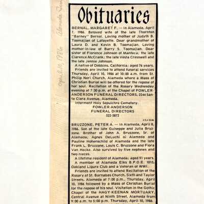Clipping obituary Notice for Peter Bruzzone, 1986
