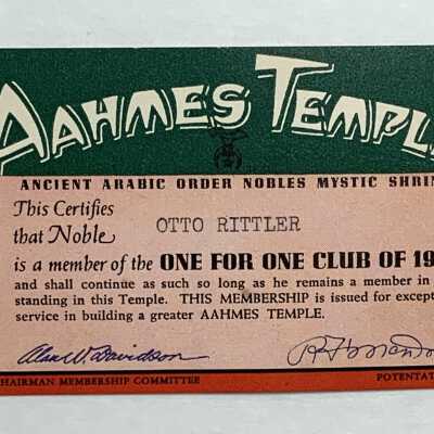 AAHMES Temple Membership card #948 of Otto Rittler, 1948